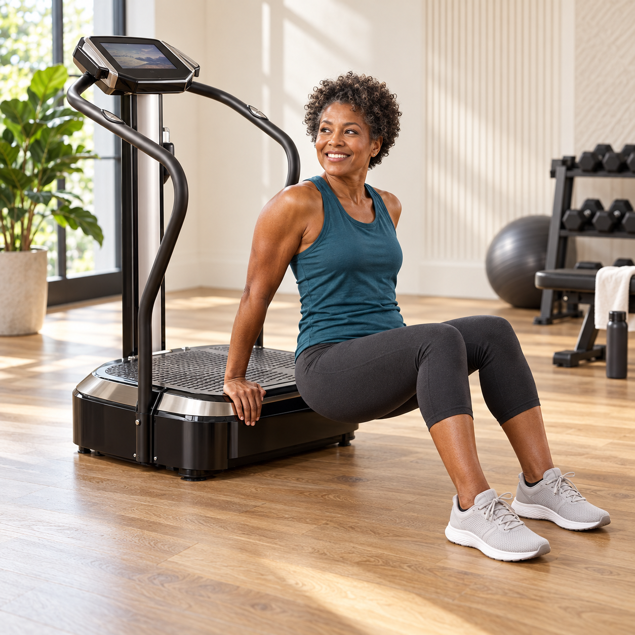 Elite Vibration Pro premium full-body vibration plate with touchscreen and stability handles

