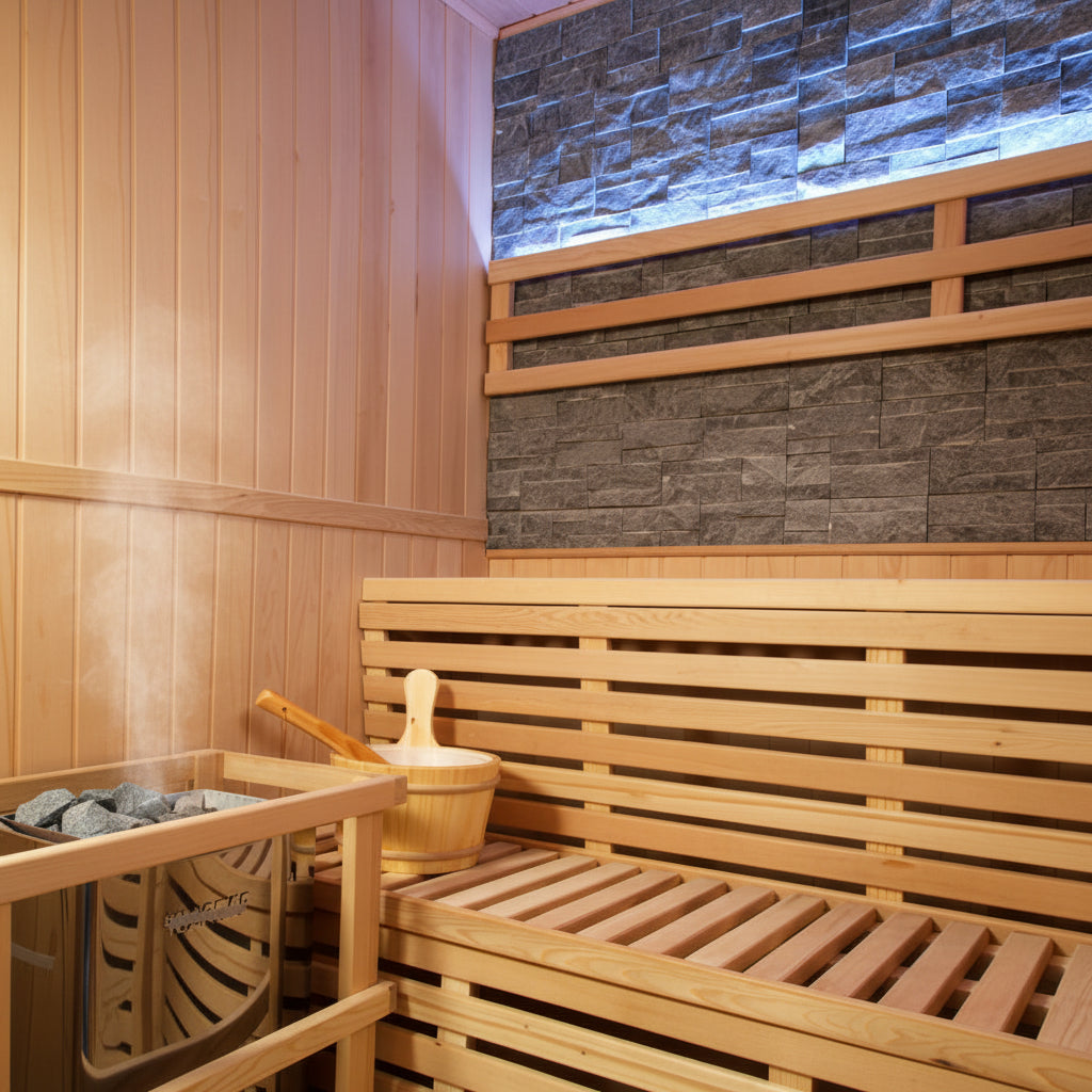 Sunray Galaxie 4 Person Indoor Traditional Sauna with Double Bench and 6kW Harvia Heater