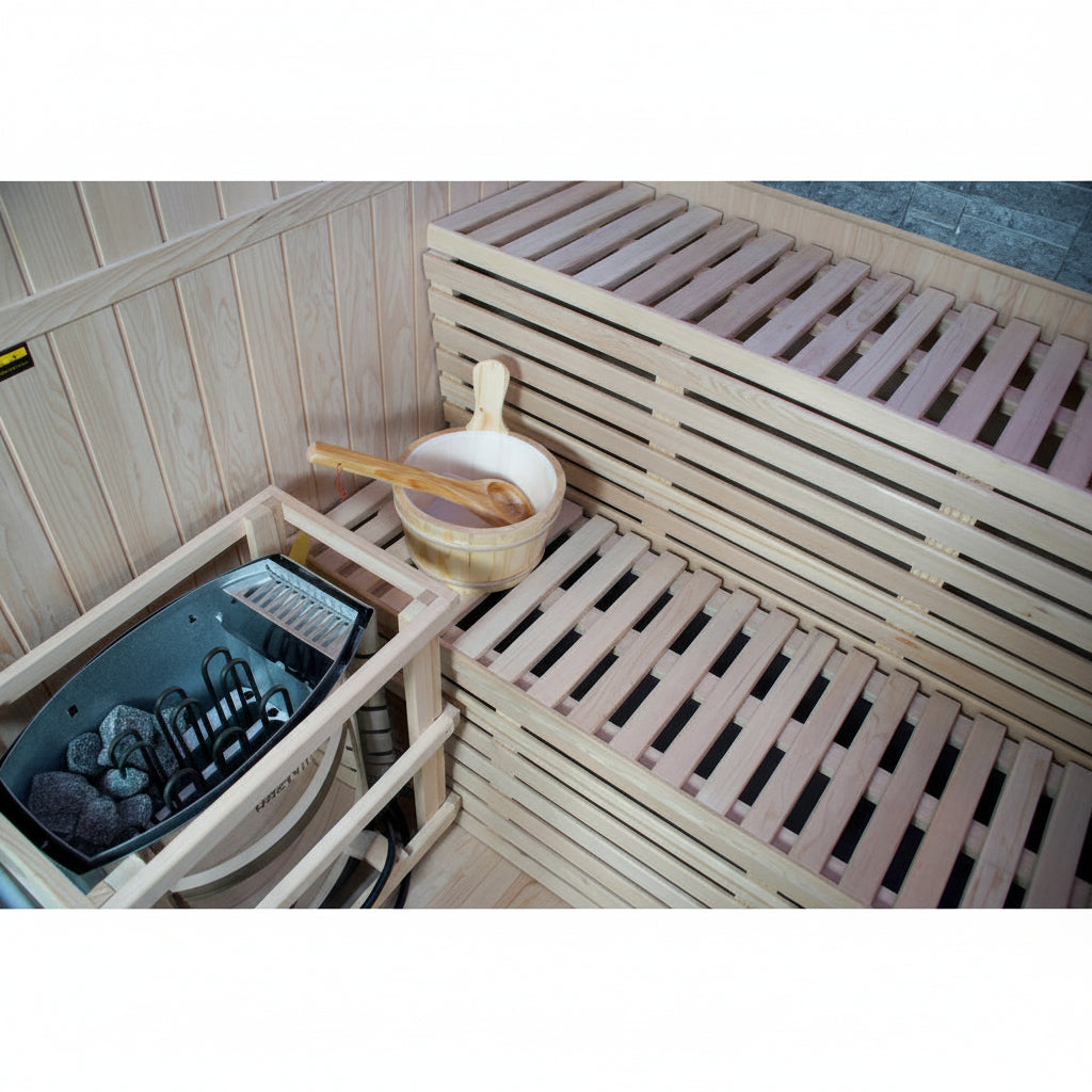 Sunray Galaxie 4 Person Indoor Traditional Sauna with Double Bench and 6kW Harvia Heater