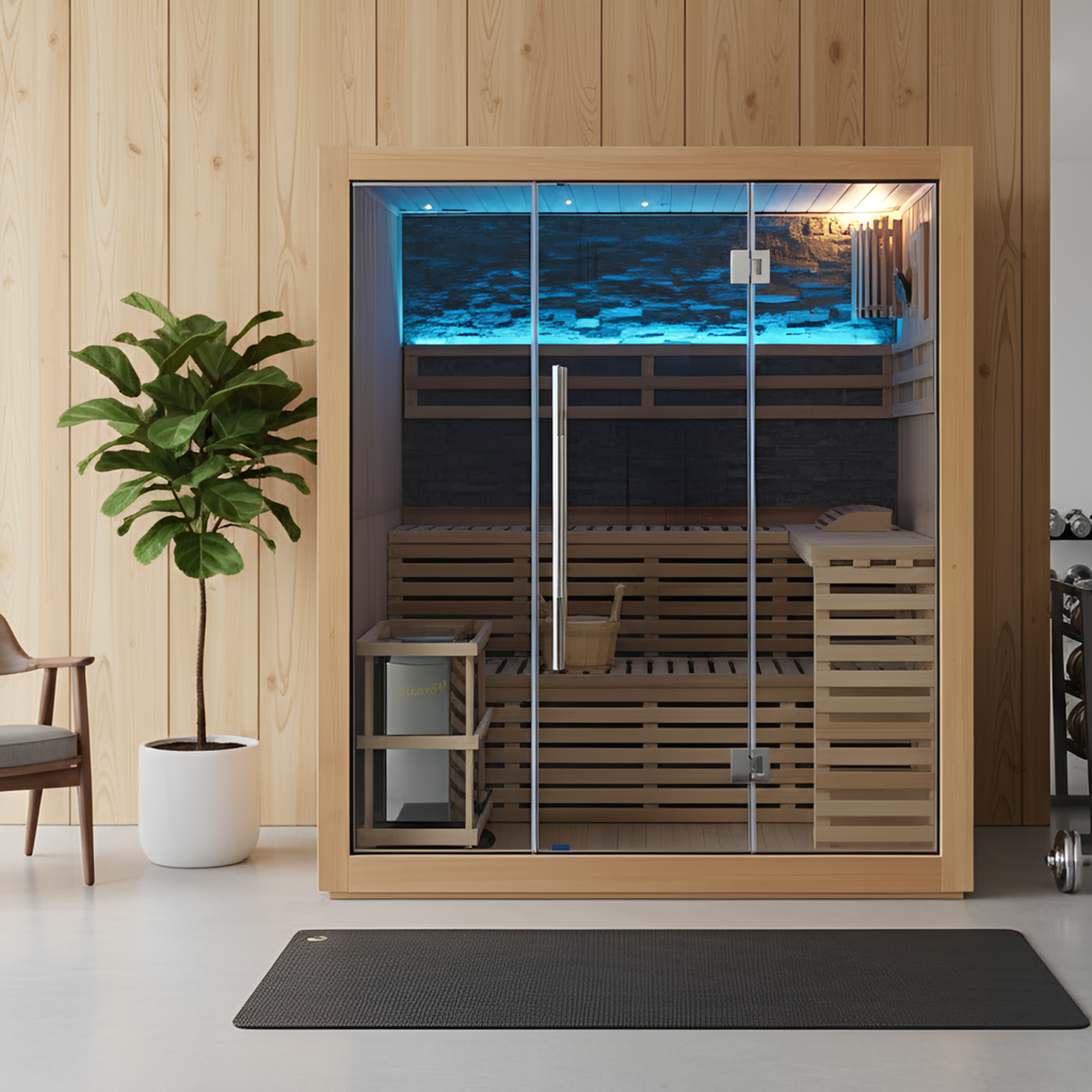 Sunray Galaxie 4 Person Indoor Traditional Sauna with Double Bench and 6kW Harvia Heater